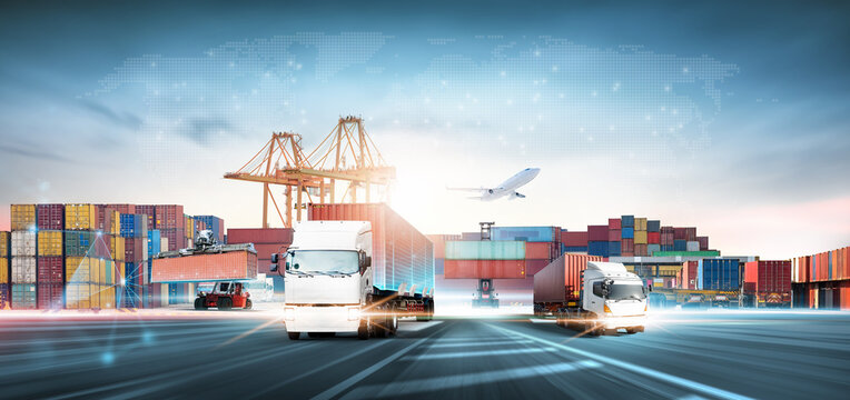 Global Digital Logistics and Supply Chain Management Multimodal Container Freight Transportation Network with Trucks, Forklifts, Airplanes and Port Terminal Operations for International Business