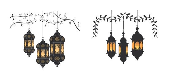 Ornate hanging lanterns with glowing light and decorative branches.