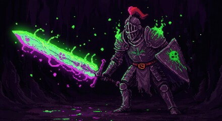 Fototapeta premium Armored warrior stands ready holding a massive glowing sword in a dark setting