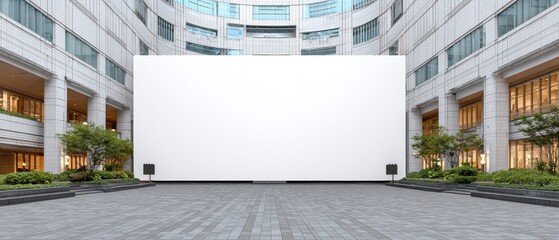Modern outdoor event space with large blank white projection screen in urban courtyard surrounded by contemporary office buildings