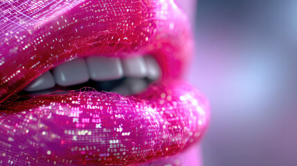 Digital mouth made of data particles speaking multiple scripts, AI voice synthesis concept, minimal futuristic composition