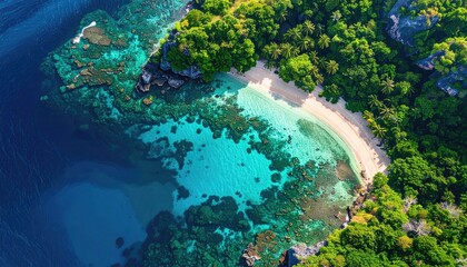 Aerial View Of A Tropical Island Paradise With Lush Green Trees White Sand Beach Turquoise Ocean Water And Coral Reefs Under Clear Blue Sky
