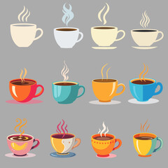 colorful coffee cup vector illustration, vibrant coffee cup design for café branding, colorful coffee cup collection for creative lifestyle design.