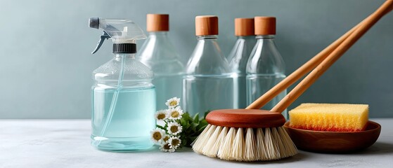Different cleaning tools and solutions are displayed on a green surface, perfect for tasks like dusting, wiping, and mopping