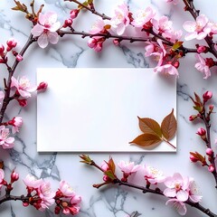 Obraz premium Draufsicht auf ein rechteckiges, weißes, leeres Blatt in Querformat mit Kirschblüten im Hintergrund. Mockup für Valentinstag
