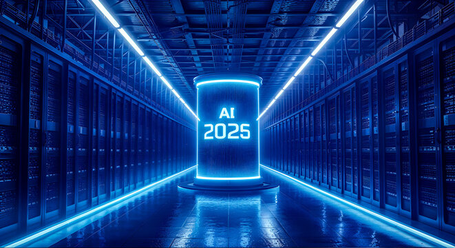Powerful AI glowing cube with futuristic neon rays and digital energy beams showing 2025 technology