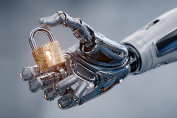 Futuristic robotic hand holding a glowing padlock in a high-tech environment