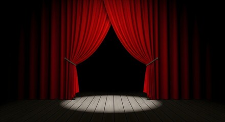 Dramatic Red Velvet Curtains on a Theater Stage, Ready for a Grand Performance, Theatrical Red Curtains Lit by a Spotlight on a Wooden Stage
