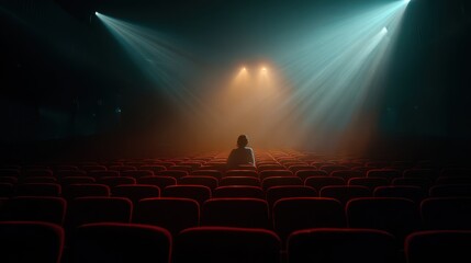 Sitting alone in an empty theater bathed in soft blue and golden lights