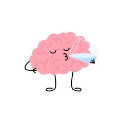 Brain character drinking water from glass. Cute cartoon brain promoting hydration and healthy mind. Concept of smart health and intelligent well-being. Vector illustration