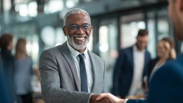 Handshake in the Business World: An astute businessman seals a deal, conveying trust and partnership. This scene captures the essence of a successful business relationship.