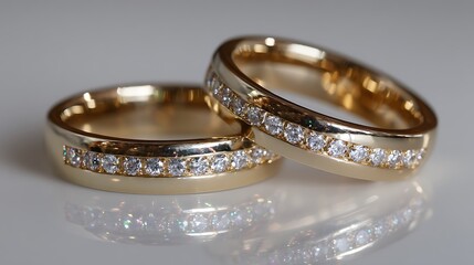 Two gold wedding bands with sparkling diamonds, ideal for engagement proposals or wedding rings, symbolizing eternal love and commitment.