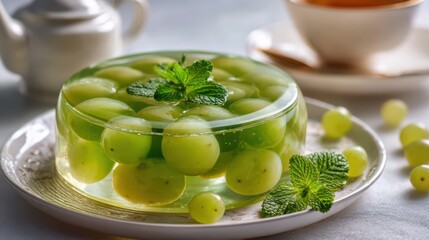Refreshing green grape jelly dessert garnished with mint on a delicate plate