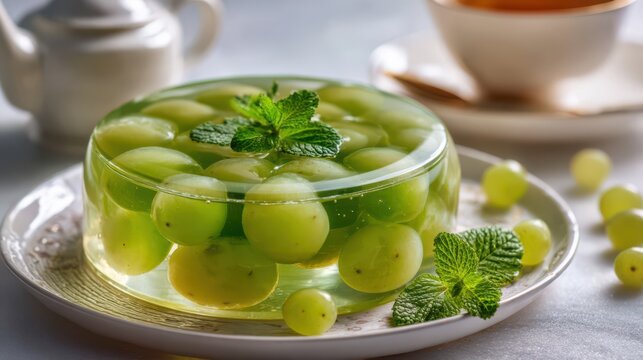 Refreshing green grape jelly dessert garnished with mint on a delicate plate
