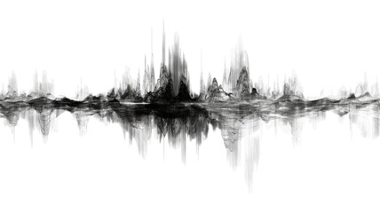 Abstract black waveform pattern with digital distortion lines, futuristic sound frequency visualization, modern audio signal art isolated on white background