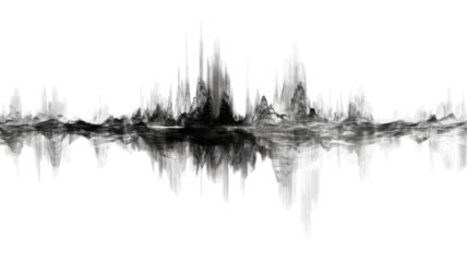 Abstract black waveform pattern with digital distortion lines, futuristic sound frequency visualization, modern audio signal art isolated on white background