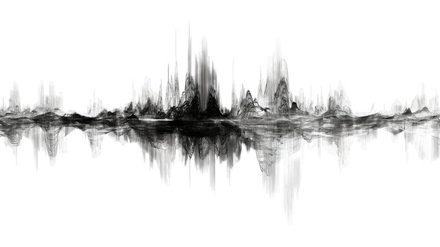 Abstract black waveform pattern with digital distortion lines, futuristic sound frequency visualization, modern audio signal art isolated on white background - Powered by Adobe