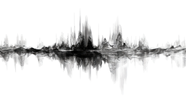 Abstract black waveform pattern with digital distortion lines, futuristic sound frequency visualization, modern audio signal art isolated on white background