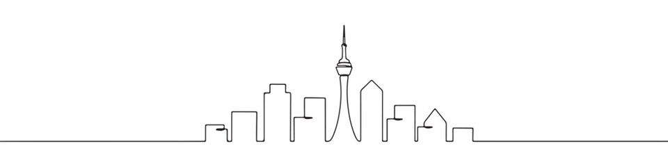 Continuous line drawing of a modern cityscape with tall buildings and a prominent tower, representing urban life and architecture, isolated on a white background.