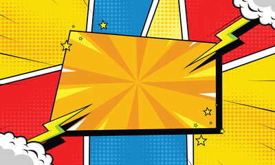bright pop-art comic background with a yellow burst center, surrounded by colorful panels, halftone dots, clouds, stars, and lightning shapes, resembling a classic retro comic frame