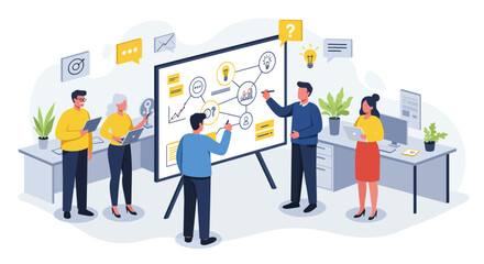 Fototapeta premium Team Brainstorming Ideas Around a Whiteboard Presentation.