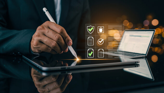 Digital Signature on Tablet with Stylus and Security Icons Overlay.