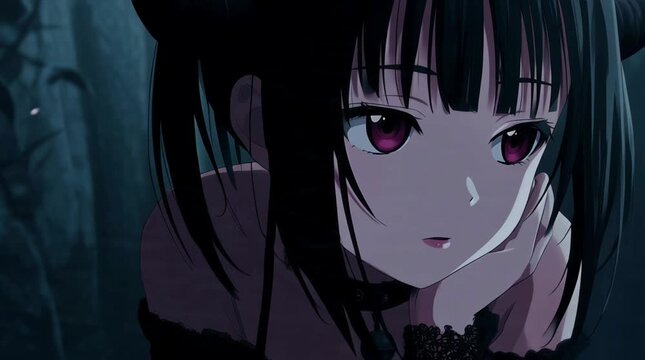 Animated Cute Anime Gothic Girl Talking and Singing in Dark Background