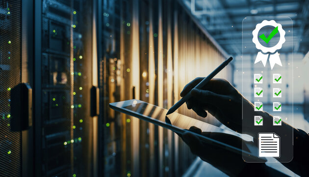 Person using tablet in server room with digital quality certification overlay. - Powered by Adobe