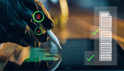 Cybersecurity expert reviewing a digital checklist on a tablet with holographic bug detection and approval icons.