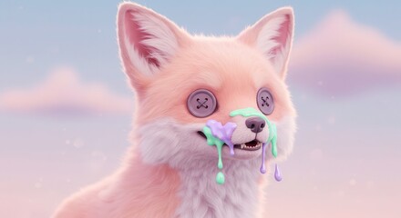 Obraz premium Adorable pink stuffed toy fox character with colorful dripping details in a soft outdoor setting