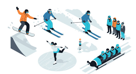 Fototapeta premium Winter sports activities featuring skiing, snowboarding, ice skating, and bobsledding in a dynamic isometric style