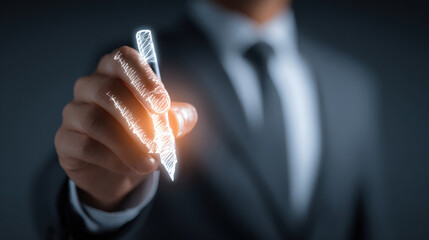 Business suit digital pen glowing stroke hand closeup modern office vibe innovation technology professional tone sleek minimal style