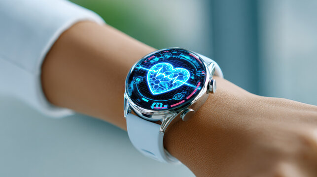 Wearable health device on wrist with holographic vital signs and friendly AI interface, soft daylight, minimal clean tech aesthetic