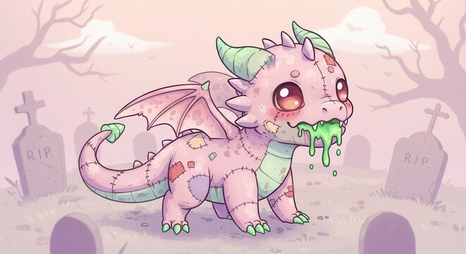 Adorable stitched baby reptile with slime drool stands in a pastel graveyard setting
