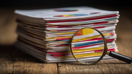 Large Stack of Colored and Unorganized Paper Sheets with Magnifying Glass on Wooden Surface for Office or Artistic Projects