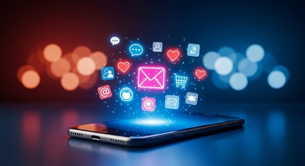 Digital communication icons floating above a smartphone with glowing effects isolated on transparent background