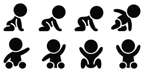 Fototapeta premium Cute baby crawling stickman vector illustration in different movement poses, minimal black and white silhouette icons representing childhood, growth, and early learning development concept