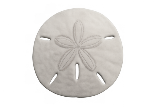 Sand dollar shell with its distinctive five-petal design on a transparent background, representing ocean life, peace and luck