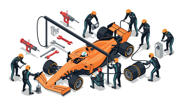 Isometric pit stop team working on racing car with tools and equipment