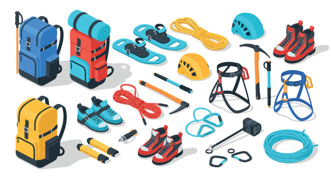 Essential hiking and climbing gear in vibrant isometric style for outdoor enthusiasts