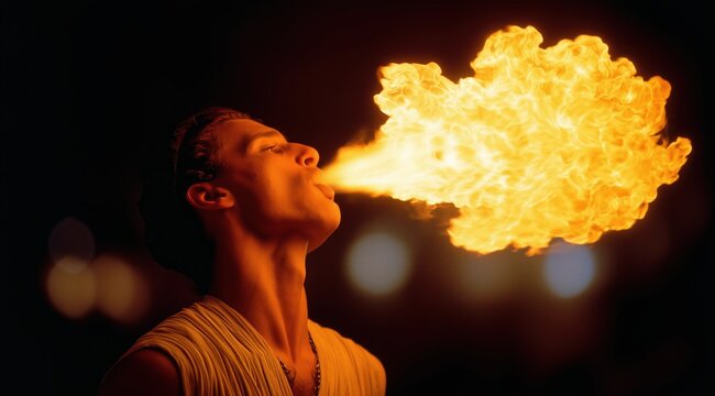 Young Performer Breathing Massive Flame at Night
