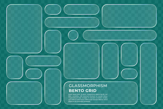 Glass morphism bento grid elements with transparent rounded rectangular and oval shapes for modern UI UX design, apps, and web interfaces vector