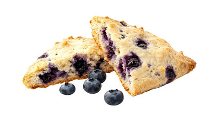 Freshly baked blueberry scone with golden crust and juicy fruit pieces for sweet bakery breakfast pastry treat isolated on white background