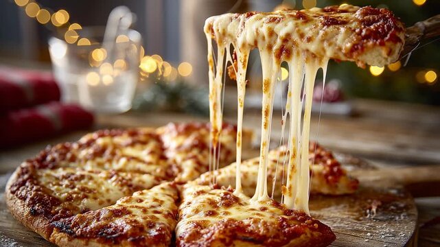 Margarita pizza - tasty slice of hot cheesy pizza lifting of plate.. Delicious fast food Italian pizza piece on wooden board table. Christmas winter bokeh background.