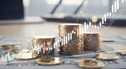Coin Stacks and Financial Growth A Visual Representation of Investment Returns with Rising Graph Overlayed on Currency and Coins