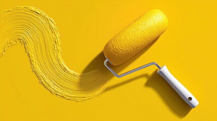 Yellow paint roller with textured surface is rolling paint across a vibrant yellow background, creating a smooth stroke, showcasing the painting process and artistic expression