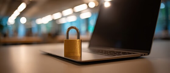 Close-up of a security padlock placed on a laptop in a modern office environment with blurred background and ambient lighting