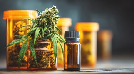 Close-up of cannabis flower and leaves with medicinal bottles on wooden surface, representing natural alternative medicine and herbal remedies