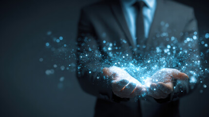 Magic glow business concept innovation digital spark futuristic male suit hands blue light success energy surge swirls in open hands