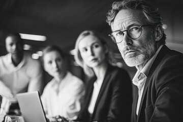 Obraz premium A focused group of professionals engaged in a serious discussion, highlighting the intensity and dynamics of a business meeting.